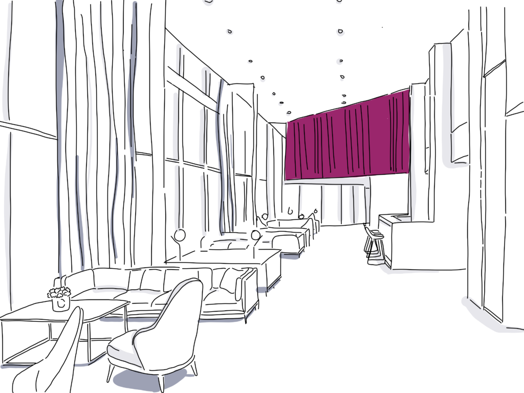 3d illustration showing hotel lobby with tables and chairs