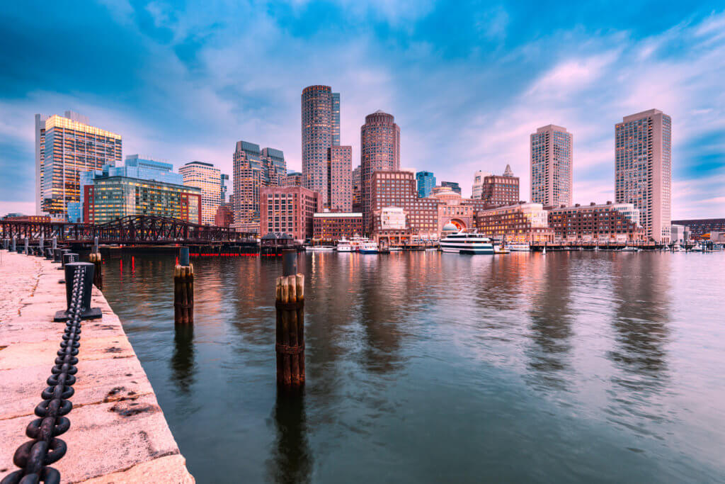 The Boston skyline during daytime across the harbor