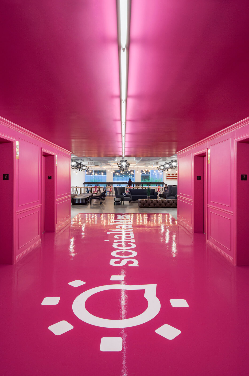 Social Tables Washington DC office with pink elevator hallway