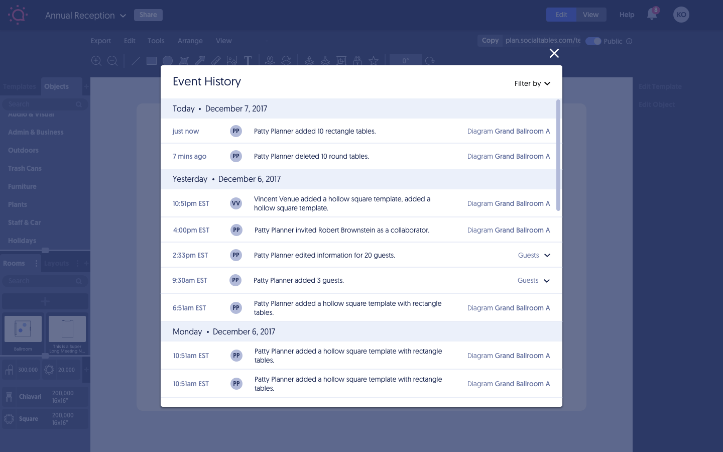 Social Tables Event History