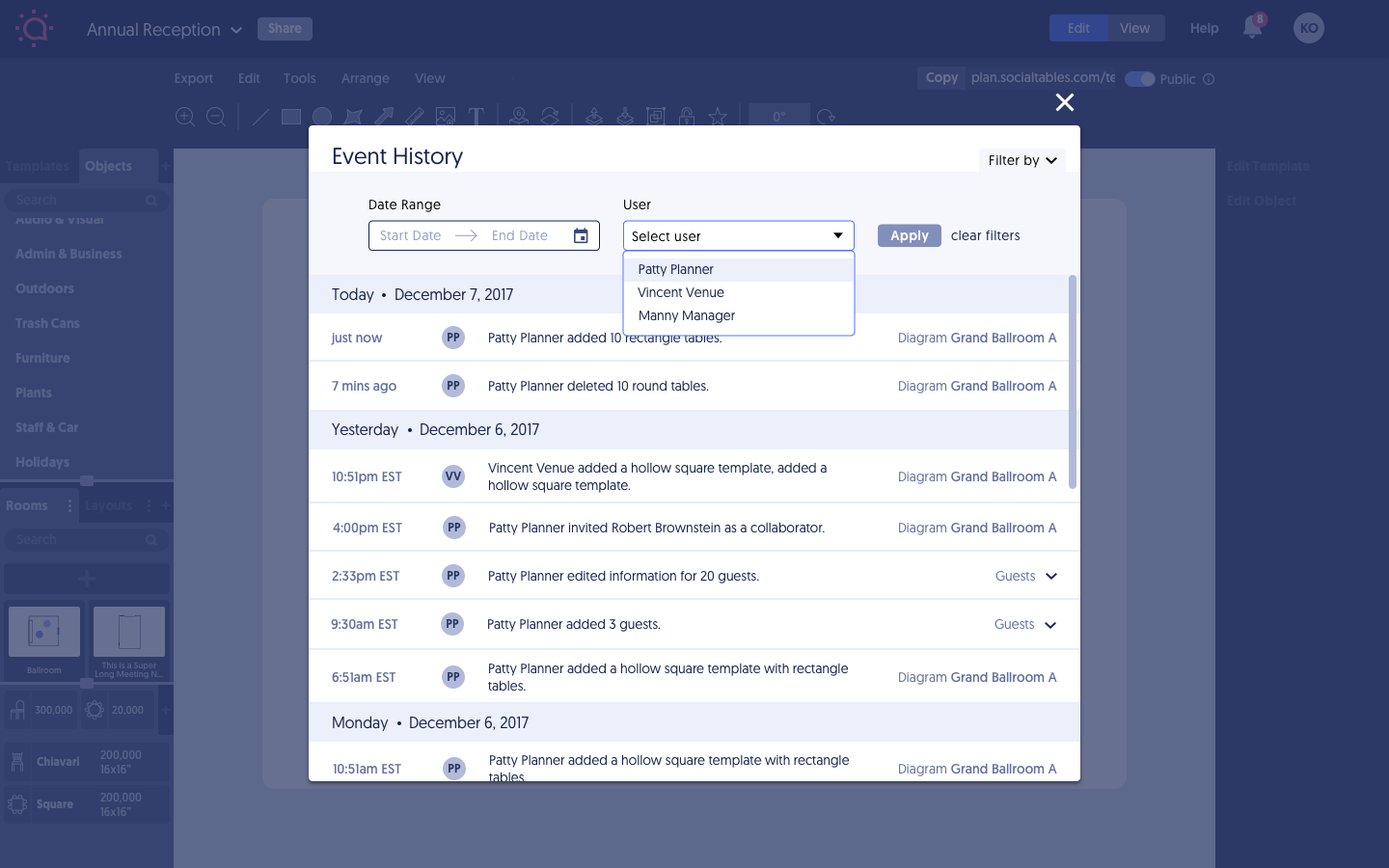 Social Tables Event History search by user
