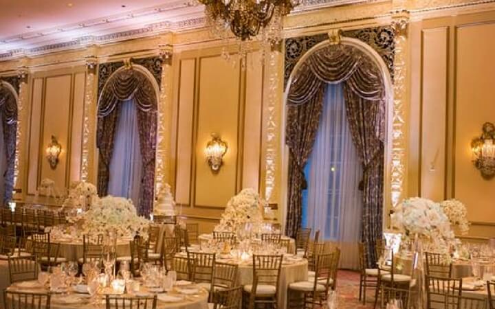 A gilded ballroom at the Fairmont Olympic Hotel in Seattle serves as a Seattle event venue