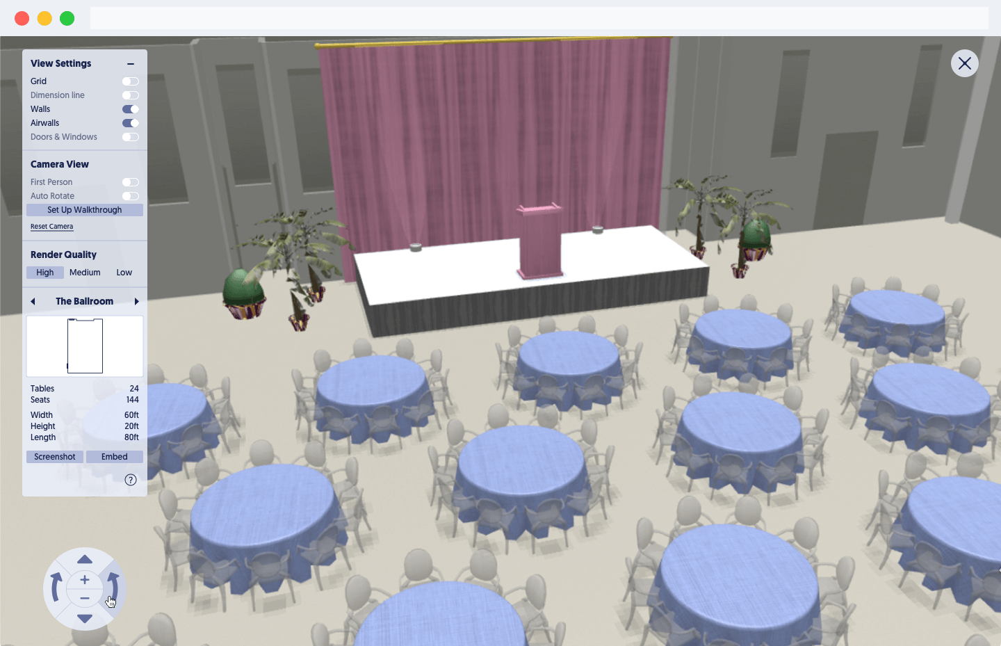 A 3D diagram in Social Tables' event planning software