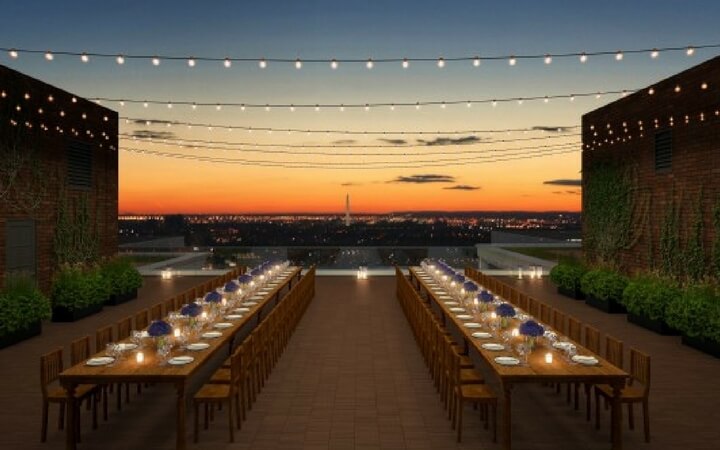A setup for a rooftop event at the Line Hotel in Washington DC
