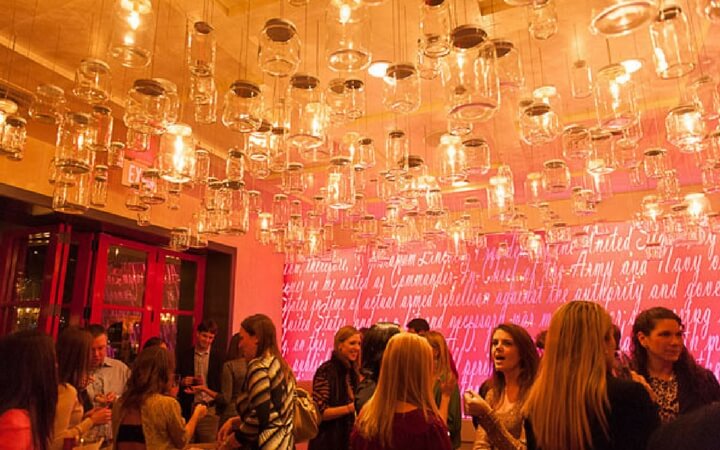 Hip wine-glass chandeliers at the Lincoln restaurant in Washington DC