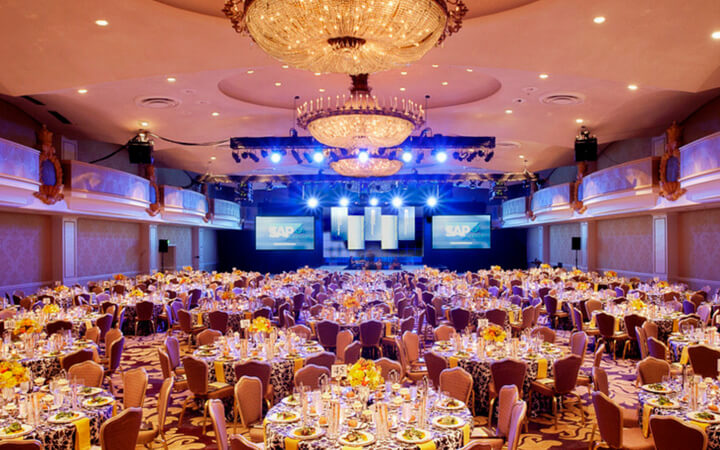 A ballroom set up as an event venue at the Fairmont San Francisco