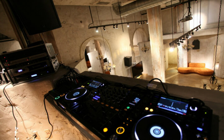 Dj equipment is set up on the balcony of the San Francisco event space Venue 550
