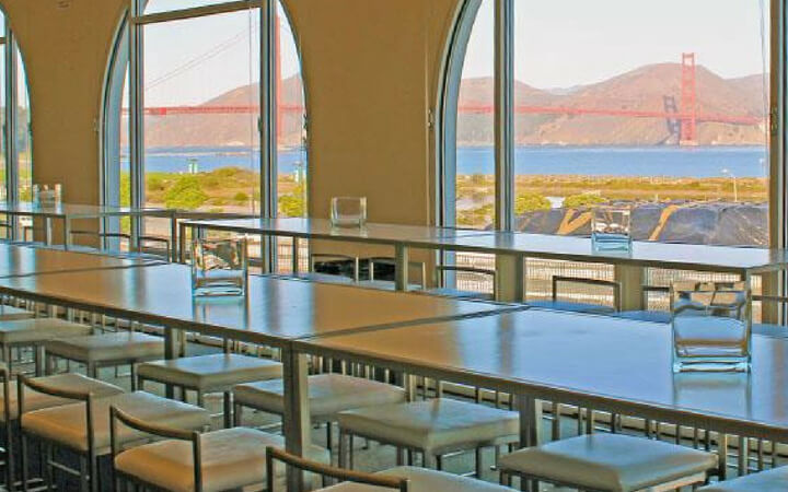 A view of the Golden Gate bridge through the windows of the unique san francisco event venue the Observation Post