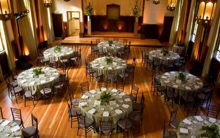 A banquet setup at a unique San Francisco event venue with hardwood flooring