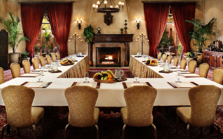 A board meeting setup at an event space in the Royal Palms