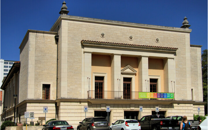 The exterior of the austin event space the Hogg Auditorium