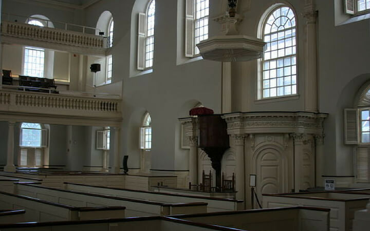 The interior event space of the Old South Meeting House in Boston