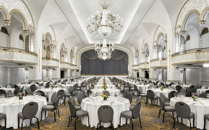 A ballroom at Boston Park Plaza set up as an event venue for a wedding 