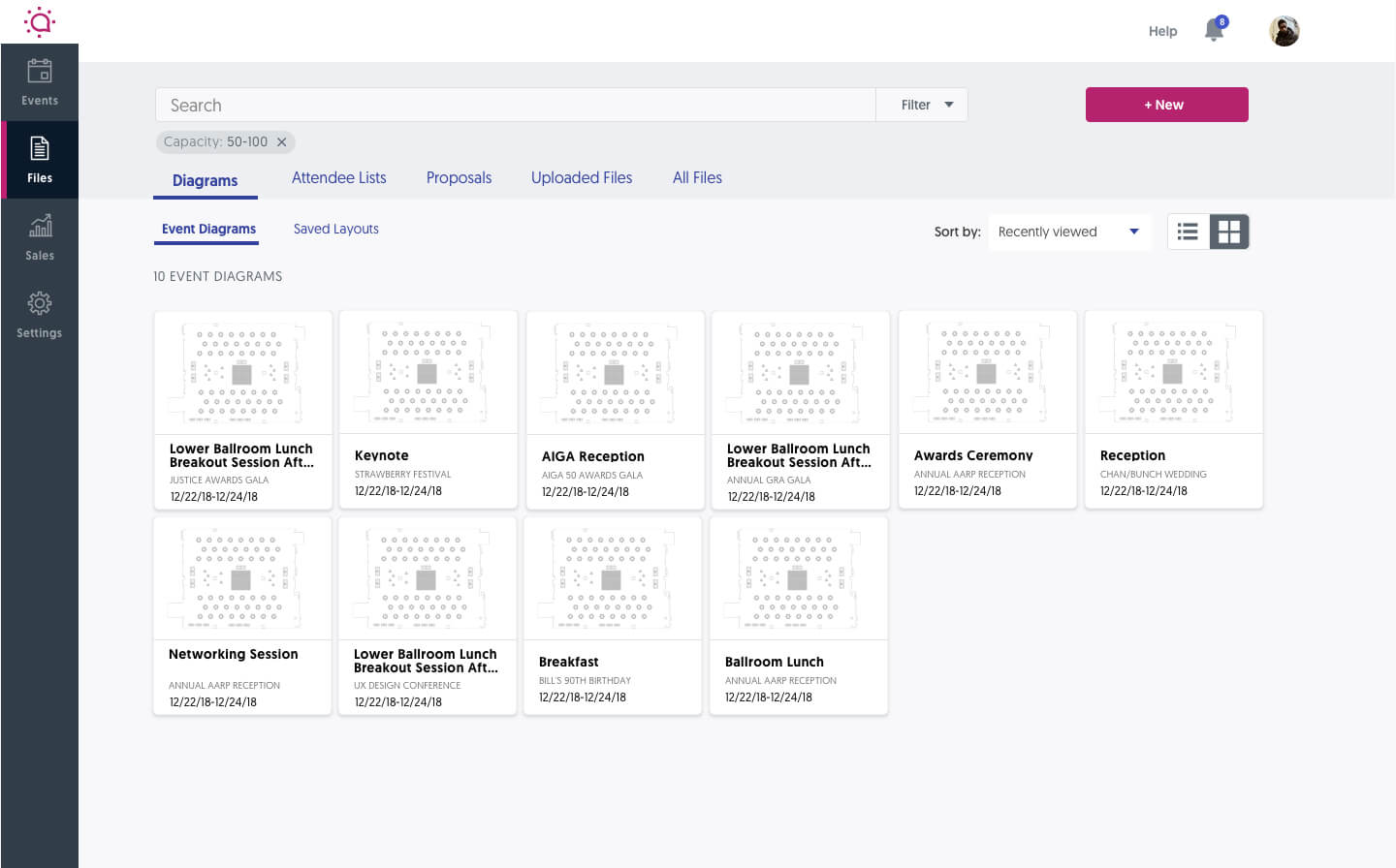 The files page in Social Tables online storage