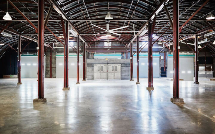 An industrial chic event space at the Austin meeting venue Fair Market