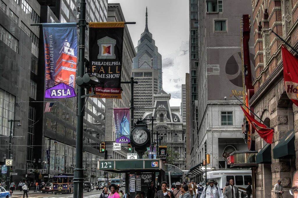 A daytime scene in the bustling streets of philladelphia