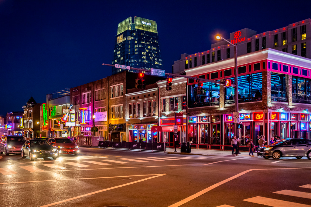 A bustling nighttime scene in Nashville. TN