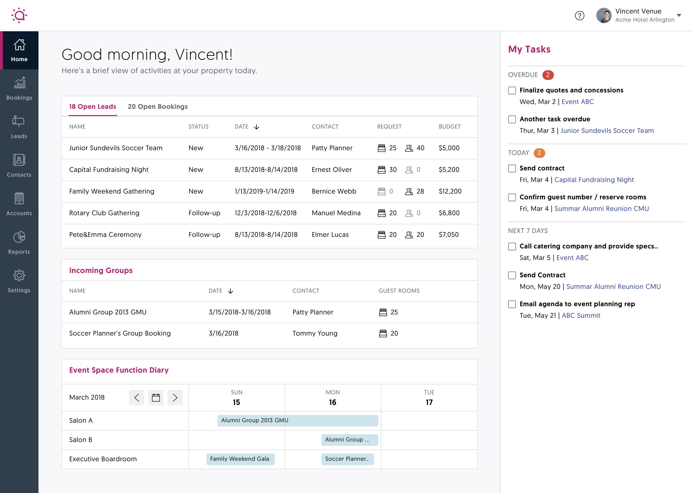 Screenshot of Social Tables S&C CRM dashboard