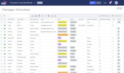 screenshot of a wedding attendee list using Social Tables