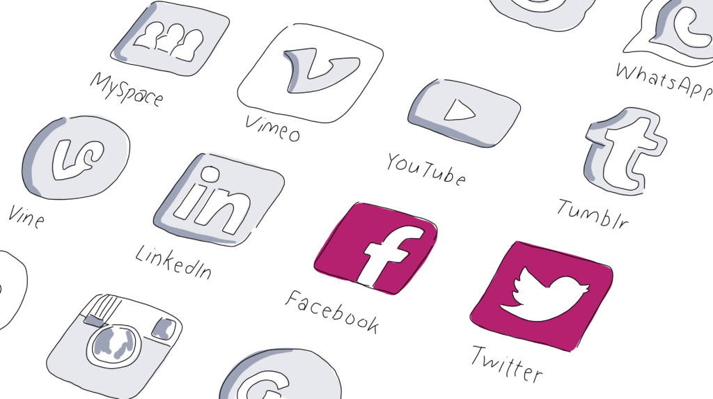 illustration showing smartphone screen with Facebook and Twitter icons