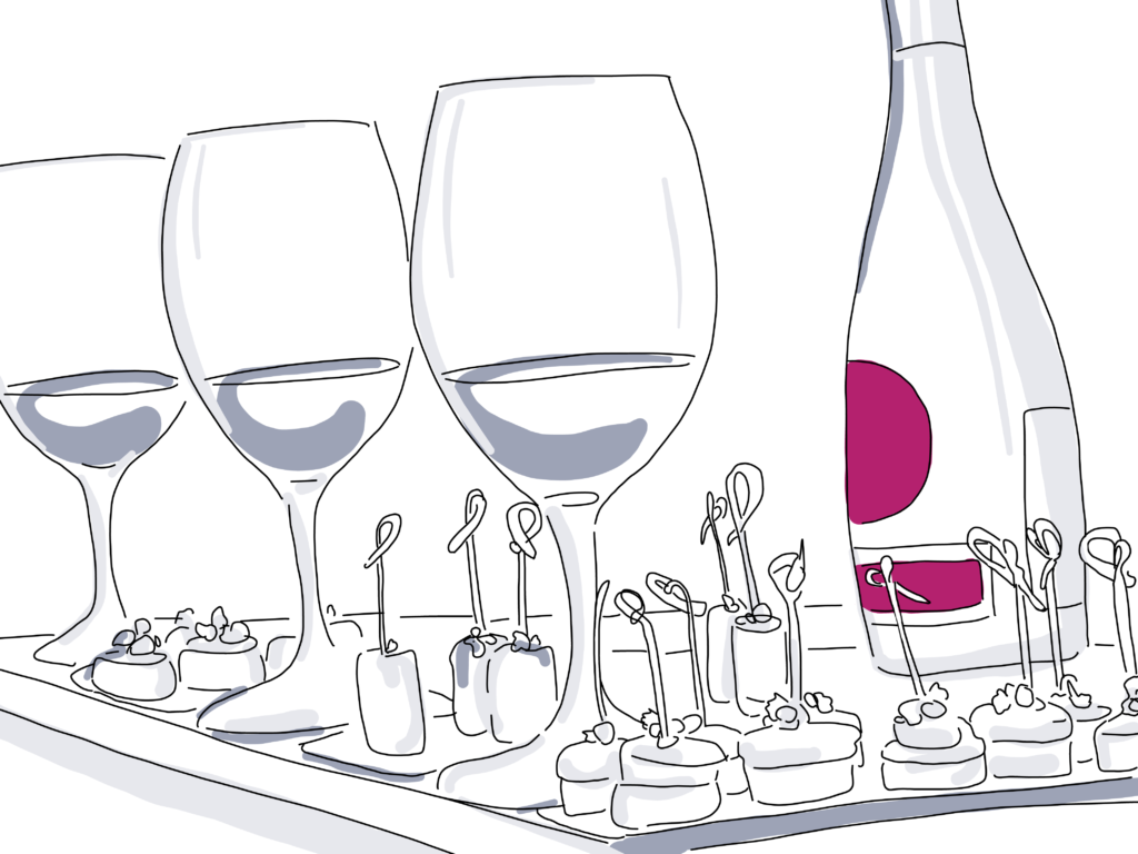 illustration of wine and snacks on serving tray for cocktail party
