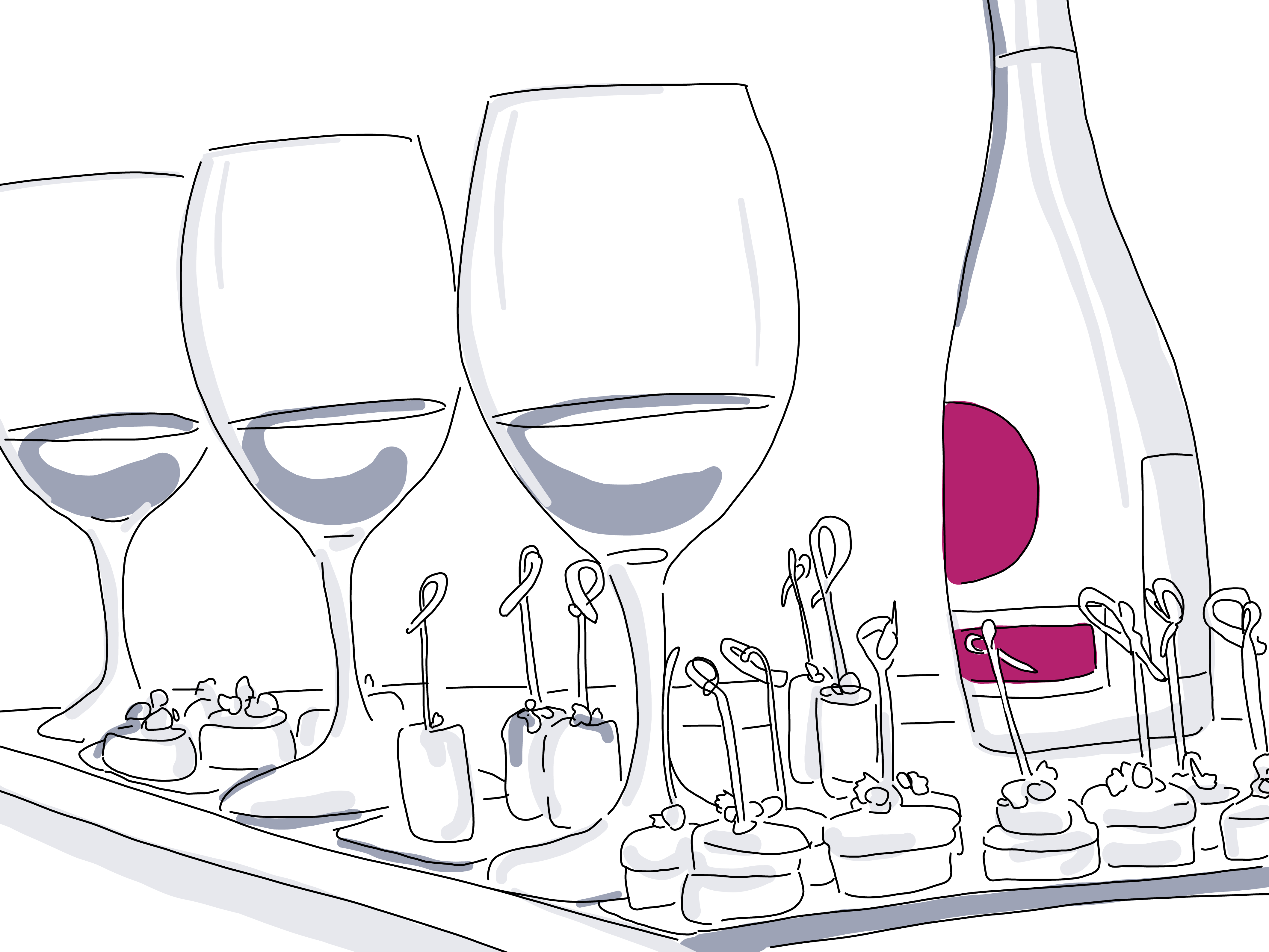 illustration of wine and snacks on serving tray for cocktail party