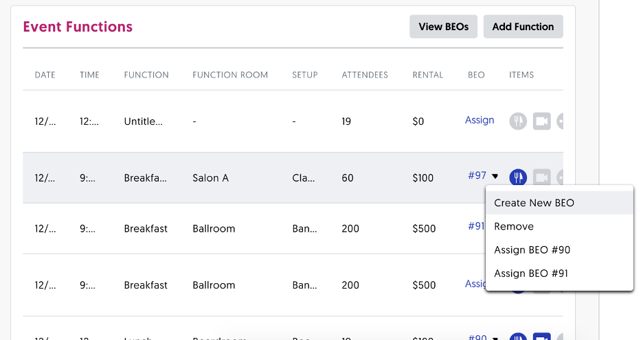 Sales & Catering CRM users can now easily create new BEOs, or assign them to event functions.