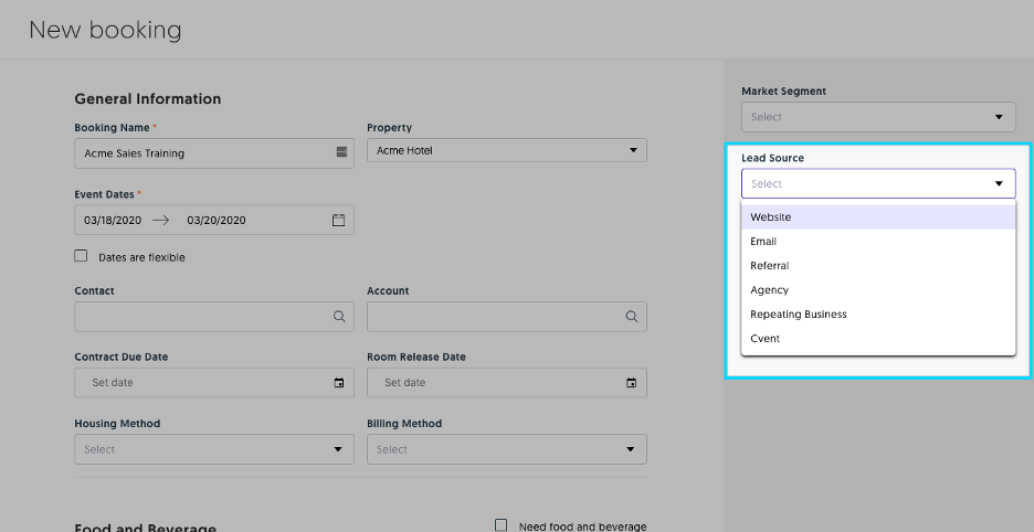 Sales & Catering CRM users can now add a lead source to their bookings.