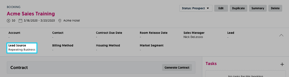 Sales & Catering CRM users can now view a lead source from a booking page.