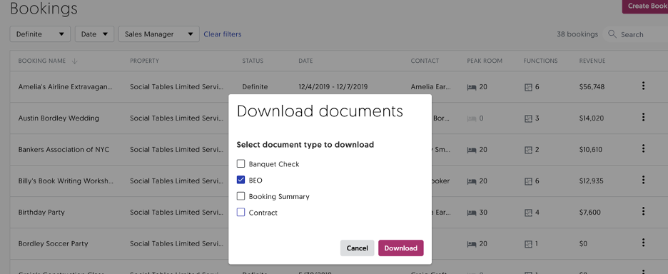 It's simple for Sales & Catering CRM users to select which documents they want to download from their booking.