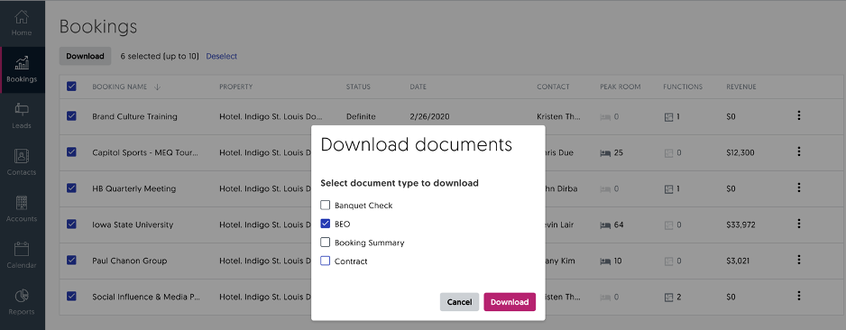 Sales & Catering CRM users can also download multiple documents from more than one booking at a time.