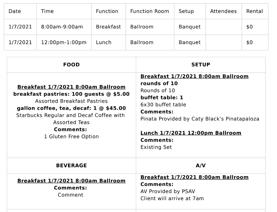 Comments made while detailing event functions after they were transferred to a booking in the Sales & Catering CRM.