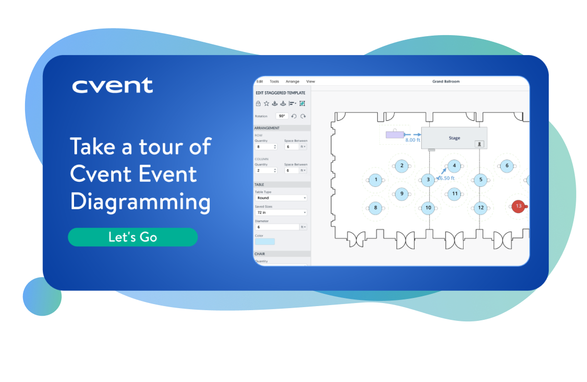 Alt text: "Promotional image for Cvent Event Diagramming featuring a software interface with a ballroom layout and a 'Let's Go' button for a virtual tour."